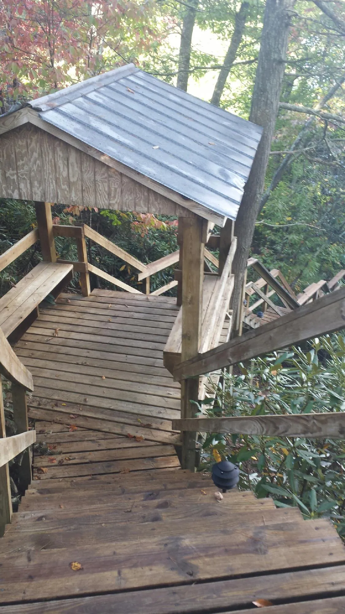 Metal roofed shelter over wooden steps on a wooded walkway — Skylight Repair & Installation work by our crew in Reidsville